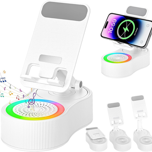 Adjustable Phone Stand with Wireless Charging, Bluetooth Speaker & RGB Light