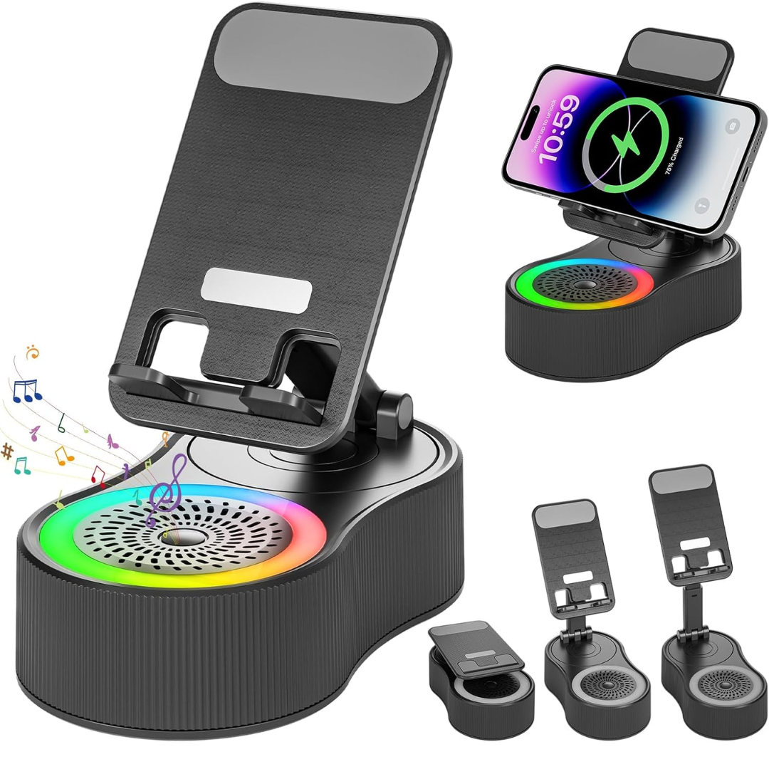 Adjustable Phone Stand with Wireless Charging, Bluetooth Speaker & RGB Light