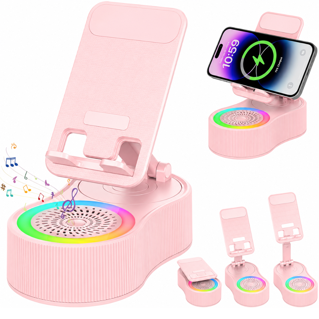 Adjustable Phone Stand with Wireless Charging, Bluetooth Speaker & RGB Light