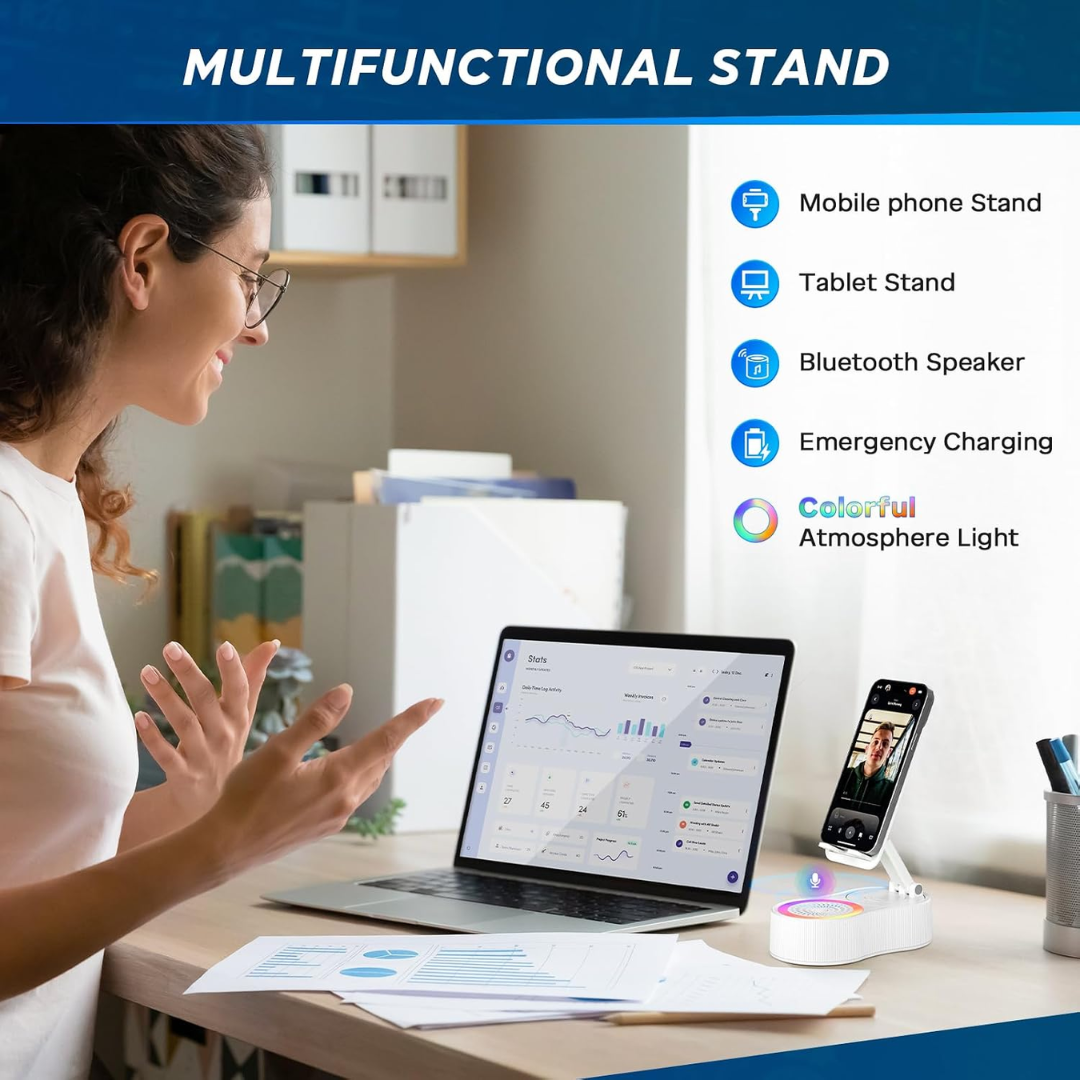 Adjustable Phone Stand with Wireless Charging, Bluetooth Speaker & RGB Light