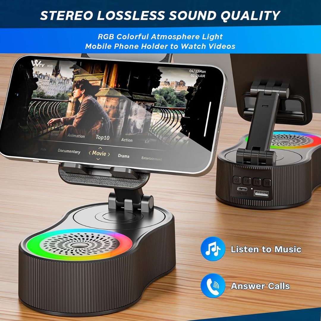 Adjustable Phone Stand with Wireless Charging, Bluetooth Speaker & RGB Light