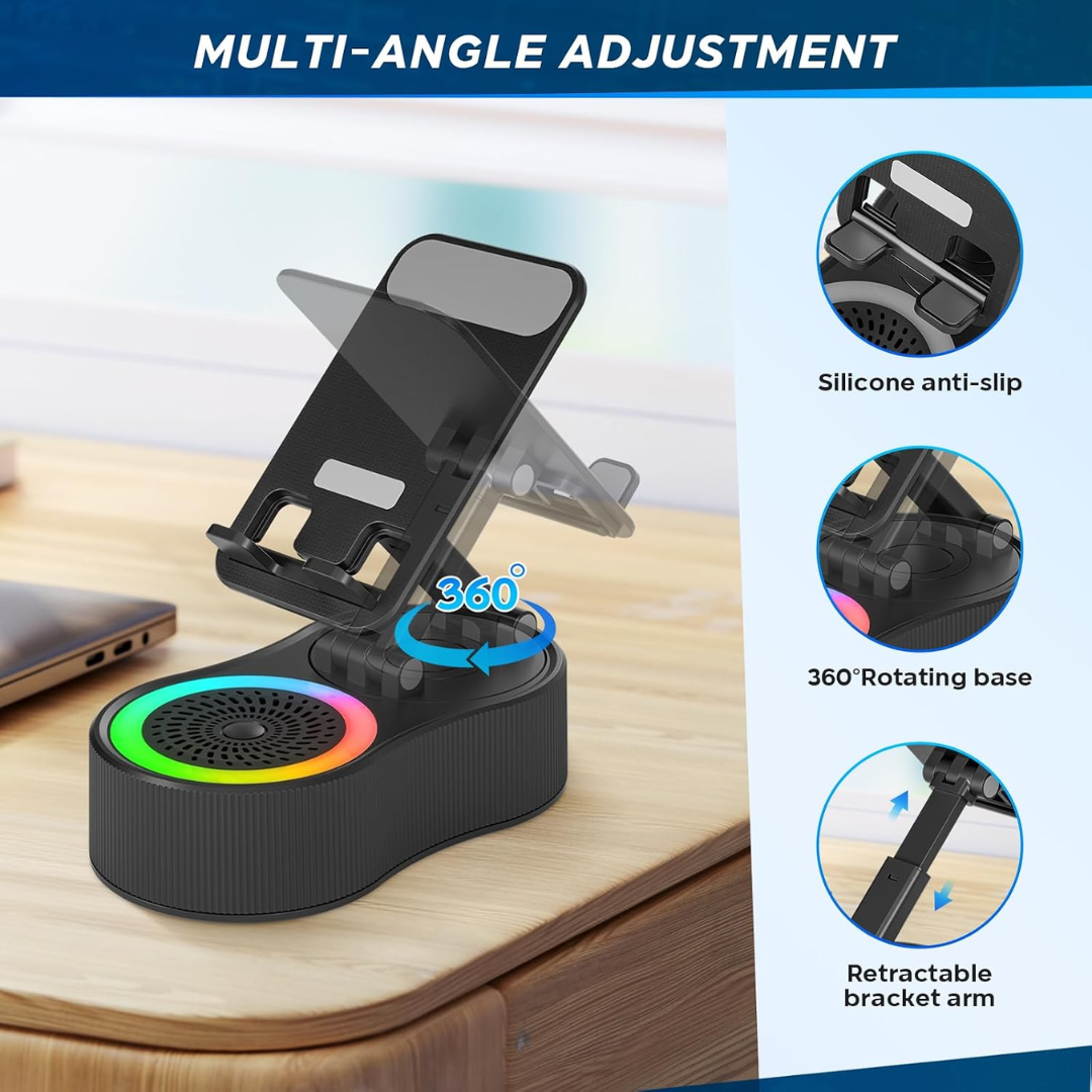 Adjustable Phone Stand with Wireless Charging, Bluetooth Speaker & RGB Light
