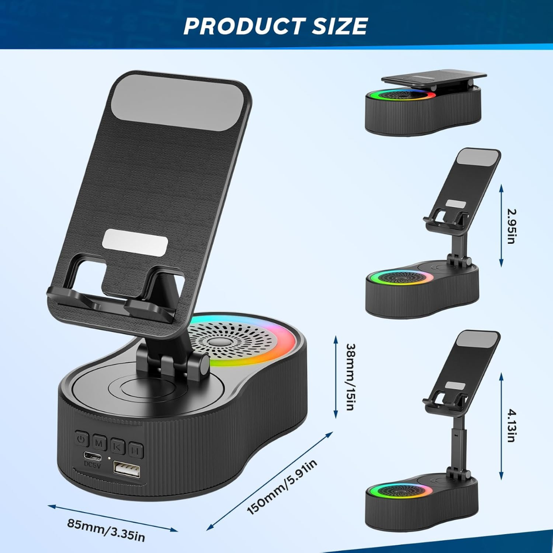 Adjustable Phone Stand with Wireless Charging, Bluetooth Speaker & RGB Light