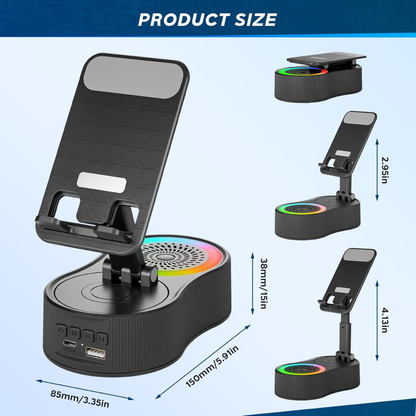 Adjustable Phone Stand with Wireless Charging, Bluetooth Speaker & RGB Light