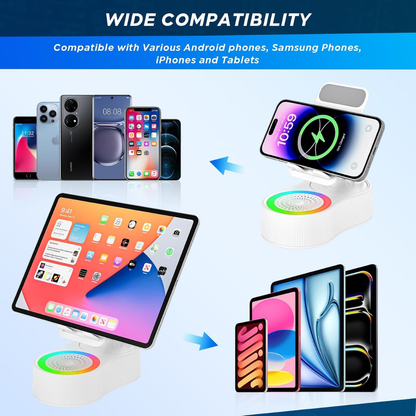 Adjustable Phone Stand with Wireless Charging, Bluetooth Speaker & RGB Light